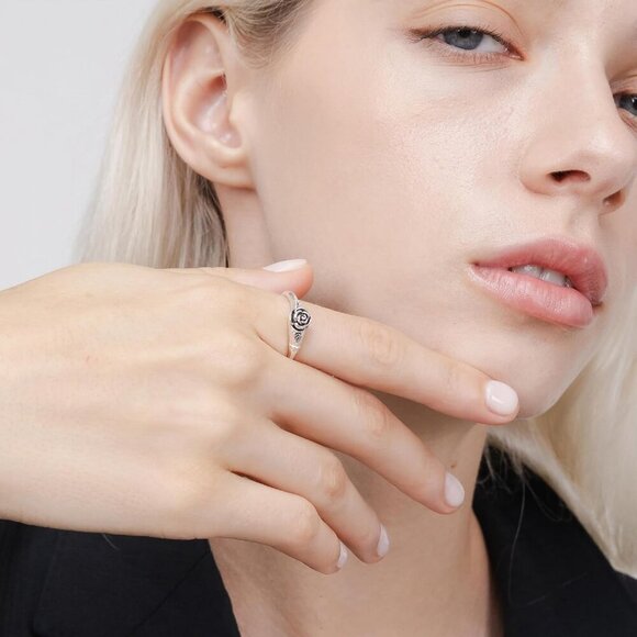 925 Sterling Silver Oxidized Flower Leaves Rose Blooming Branch High Polish Tarn - Picture 4 of 6